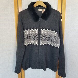 Vintage Ski Sweater Zip Up Cardigan Nordic Design Faux Fur Collar Women's XL